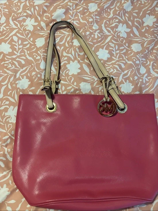 Michael Kors Pink Shoulder Tote with Beige Straps