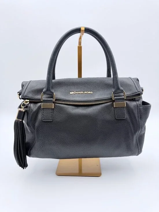 Michael Kors Women’s Black Pebbled Leather Satchel Bag  Tassel & Gold Hardware