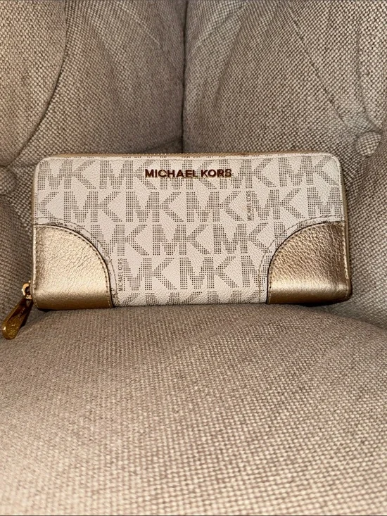 Michael Kors Cream Monogram Zip Wallet with Gold Accents