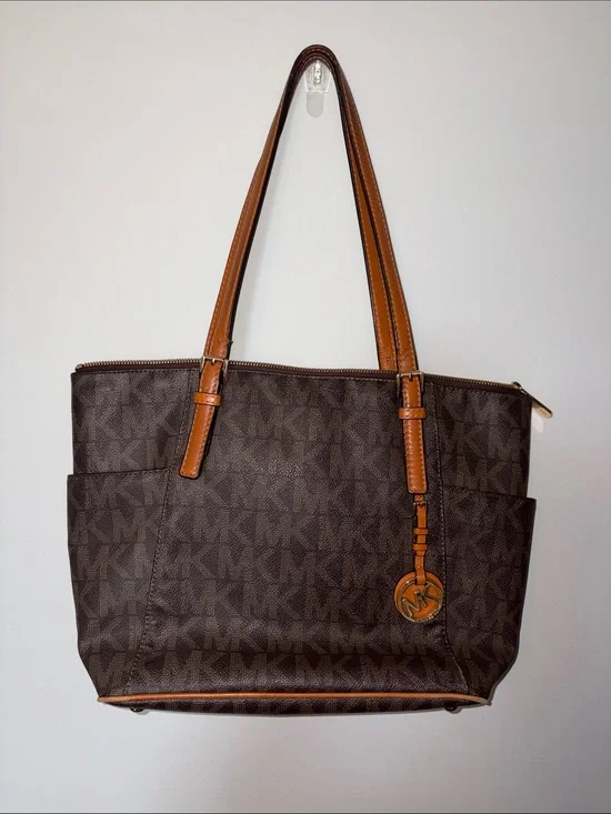 Michael Kors Brown Logo Tote with Tan Leather Trim