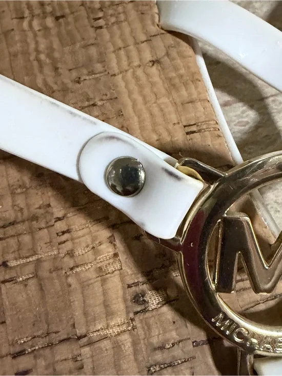 Michael Kors White and Gold Cork-Style Logo Thong Sandals