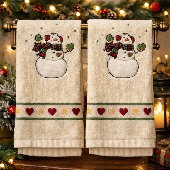 Vintage Christmas Hand Towels Set of 2 Embroidered Snowman Holiday Bathroom