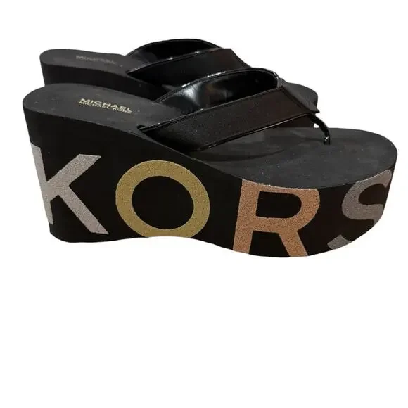 Michael Kors Benny Platform Flip Flops MK Logo Sandals Size 8 Y2K Vibes