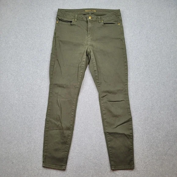 Michael Kors Izzy Skinny Pants Womens‎ Size 10 Green Olive Stretch Gold Jeans