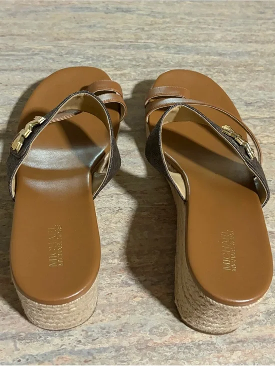 Michael Kors Tan & Brown Leather Logo Espadrille Wedge Sandals with Gold Accents