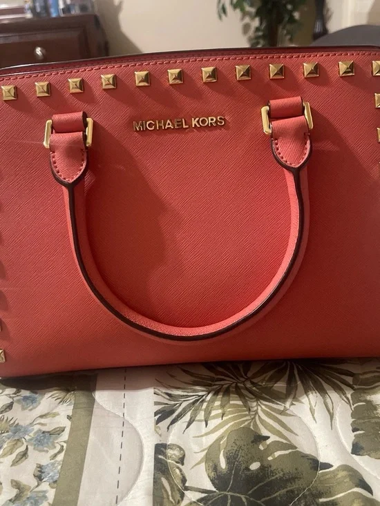 Michael Kors Coral Saffiano Satchel with Gold Tone Studs