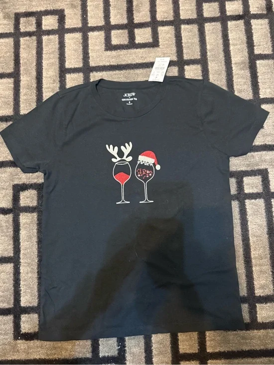 J. Crew Black Holiday Wine Glass Graphic Tee with Red Accents