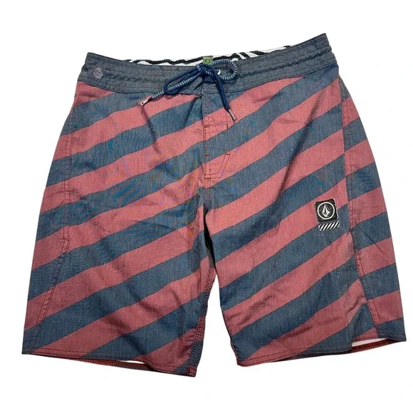 Volcom Stoneys Mens Board Shorts Size‎ 30 Red Blue Striped Swim Trunks Skater