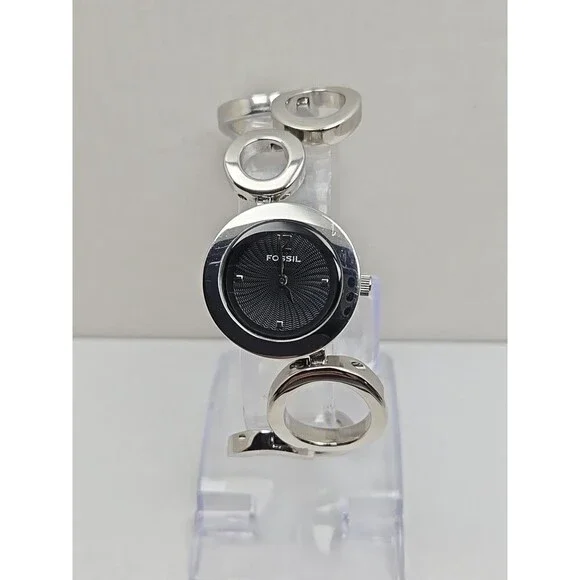 Fossil F2 ES1622 Womens Silver Circle Link Black Dial Watch Quartz New Battery