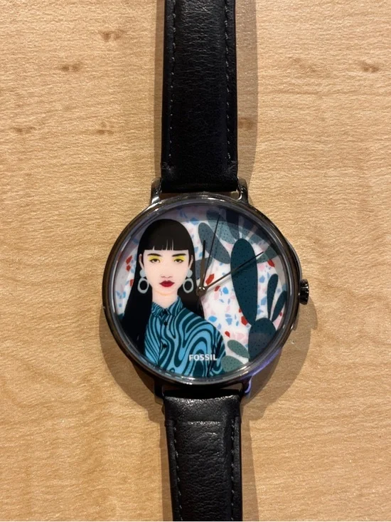 Fossil Black Strap Watch with Bijou Karman Illustrated Multicolor Dial
