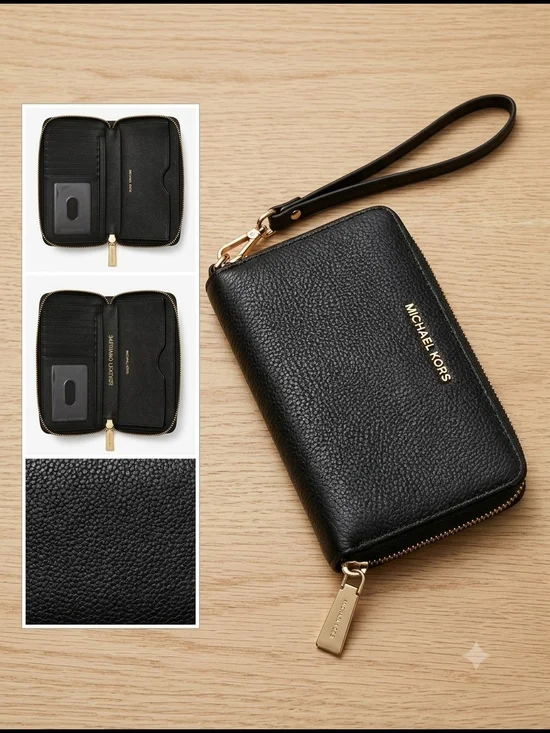 Michael Kors Black Pebbled Leather Zip Around Wristlet Wallet Gold Hardware