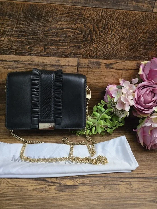 Michael Kors Jade- Black Ruffle Accent Leather Crossbody with Gold Chain