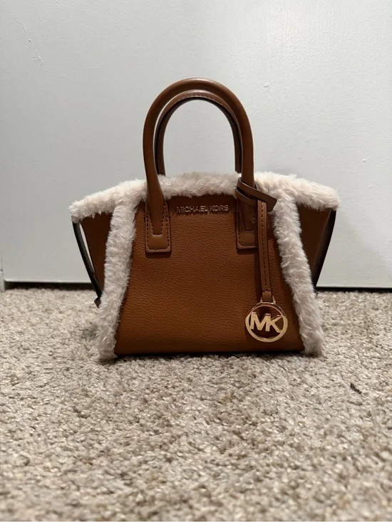 Michael Kors Mini Brown Mini Satchel with Cream Shearling Trim
