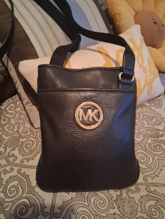 Michael Kors Black Pebbled Leather Crossbody with Gold MK Medallion