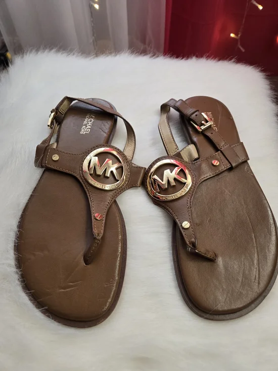 Michael Kors Brown Leather Logo Thong Sandals with Gold MK Medallions
