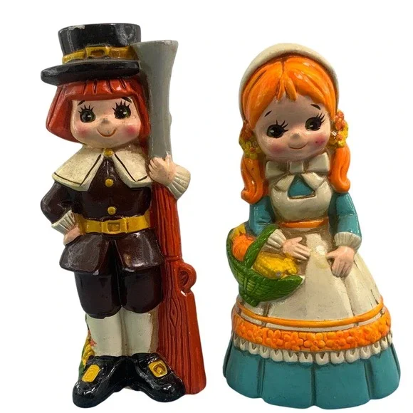 Vintage Inarco Japan Thanksgiving Pilgrim Figurines Set‎ E3481 Mid Century Decor