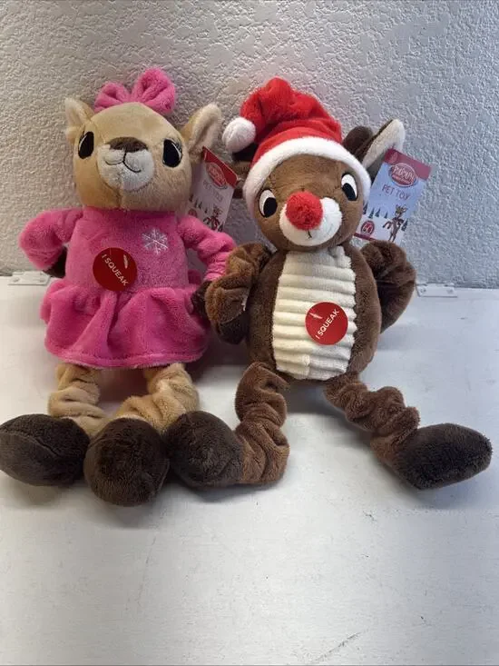 (244)Rudolph the Red-Nosed Reindeer Dog Toy Plush Squeaky Set – New With Tags