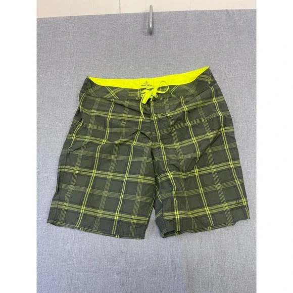 Prana Mens Board Shorts 36 Green Yellow Plaid Swim Trunks UPF 50+ RN 124977