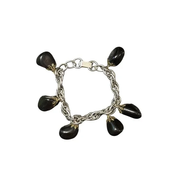 Vtg Silver Tone Chain charm bracelet smoky quartz Stone‎ Womens Jewelry 6