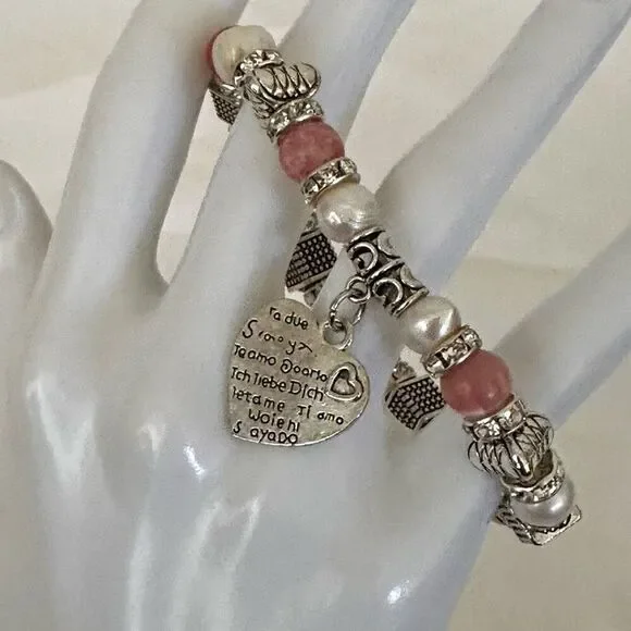 Pearl pink rhinestone heart charm bracelet