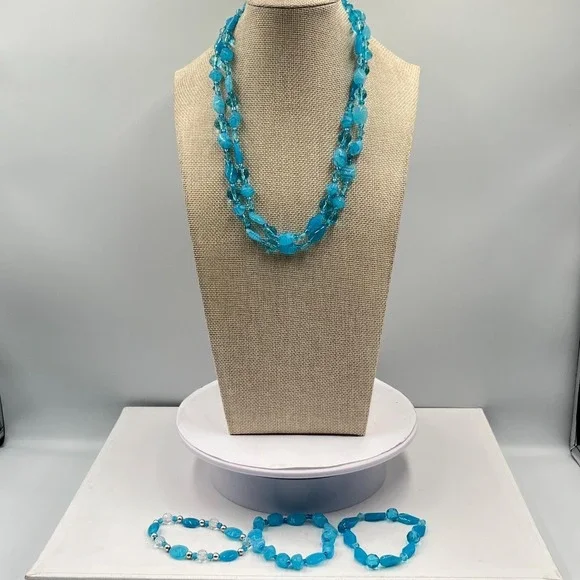 Vintage Retro Teal Blue‎ Beaded Necklace & Bracelet Set 4pc Fashion Jewelry