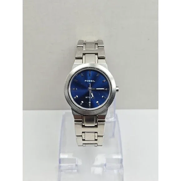 Fossil Steel FS2703 Womens Blue Dial Stainless Quartz Watch New Battery 50M WR