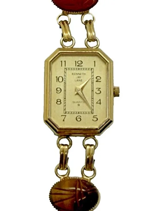 Kenneth Jay Lane Gold Tone Egyptian Scarab Gemstone Link Bracelet Quartz Watch