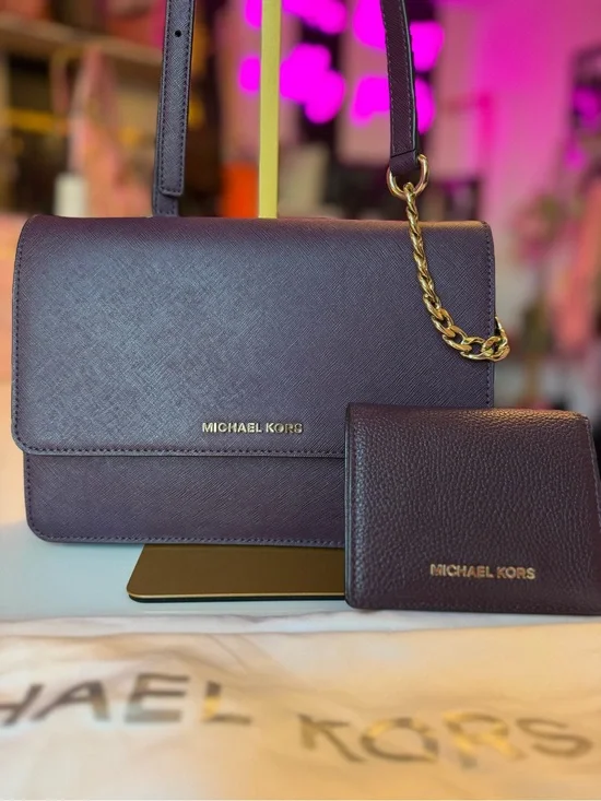 Michael Kors Plum Leather Shoulder Bag with Matching Wallet crossbody gold chain