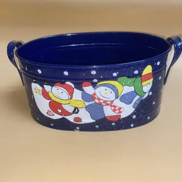 Vintage Snowman Winter Holiday Christmas Metal Tin Home Decor Container