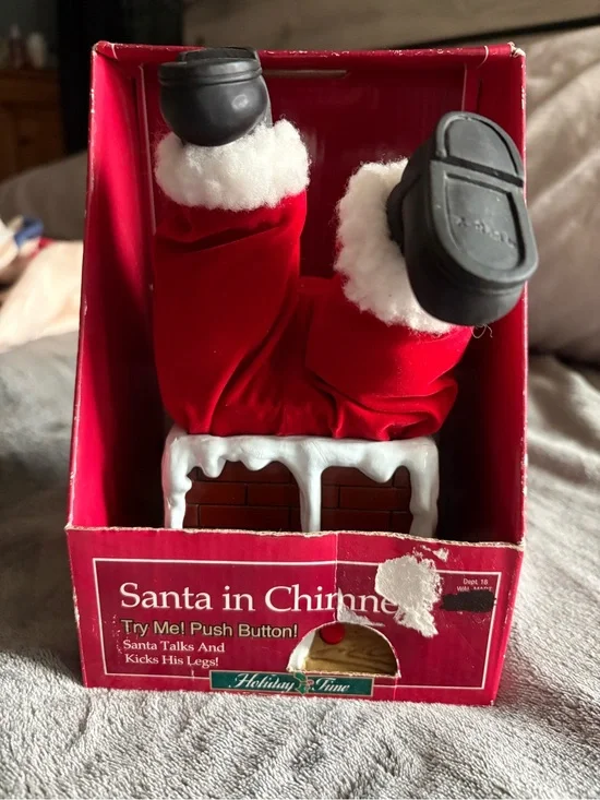 Holiday Time Red and White Santa in Chimney With Original Box