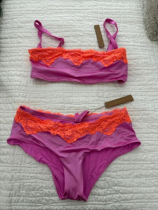 SKIMS Two-Piece Swim Bikini in Magenta with Neon Orange Lace