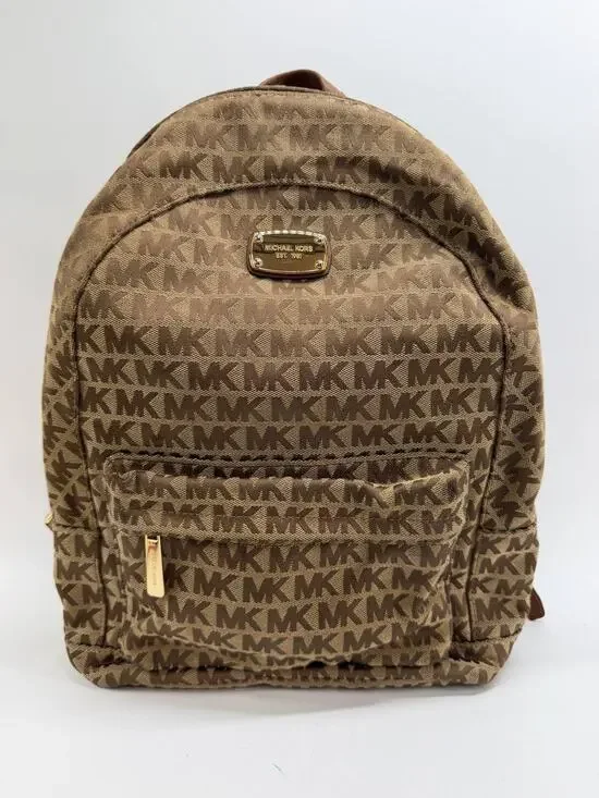 Michael Kors MK Logo Backpack Brown Tan Canvas Leather Trim Small Backpack