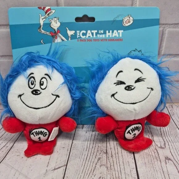 Dr. Seuss Thing 1 & Thing 2 Plush Stuffed‎ Dog Toy The Cat in The Hat~Squeaker