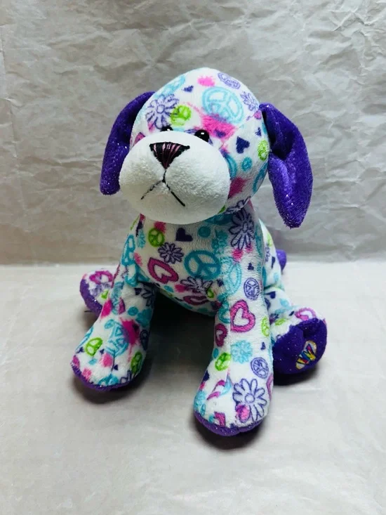 WEBKINZ GANZ Plush Puppy Toy - Purple & Multicolor Peace Signs