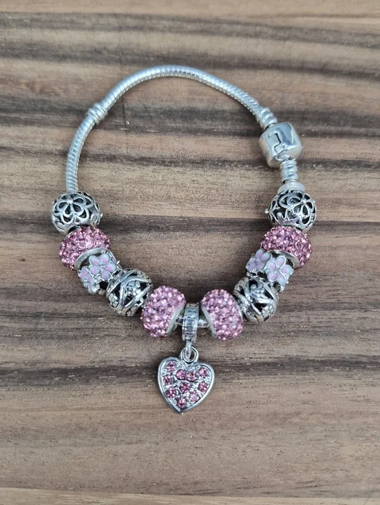 Stunning! Pink & Silver Crystal Charm Bracelet, Approx 7