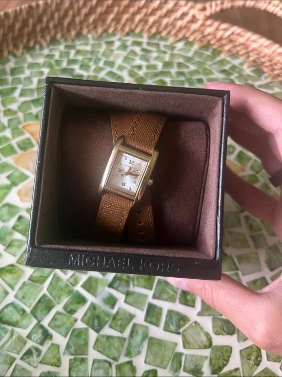 Michael Kors Gold-Tone Rectangle Watch with Brown Leather Strap