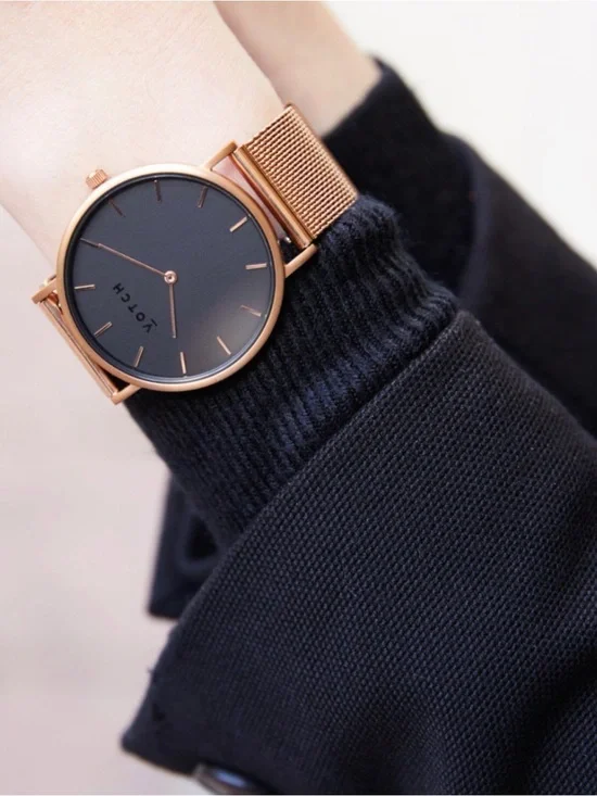 Votch Minimalist Rose Gold Mesh Watch with Black Dial