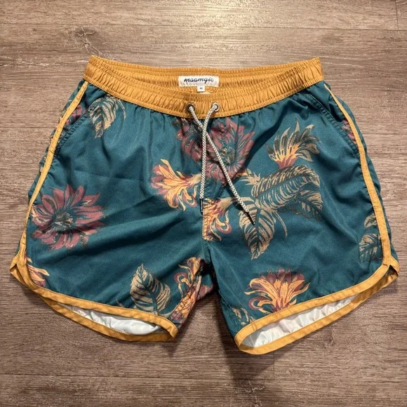 Maamgic Swim Trunks Mens Medium Blue Floral Mesh Lined Board Shorts Tropical