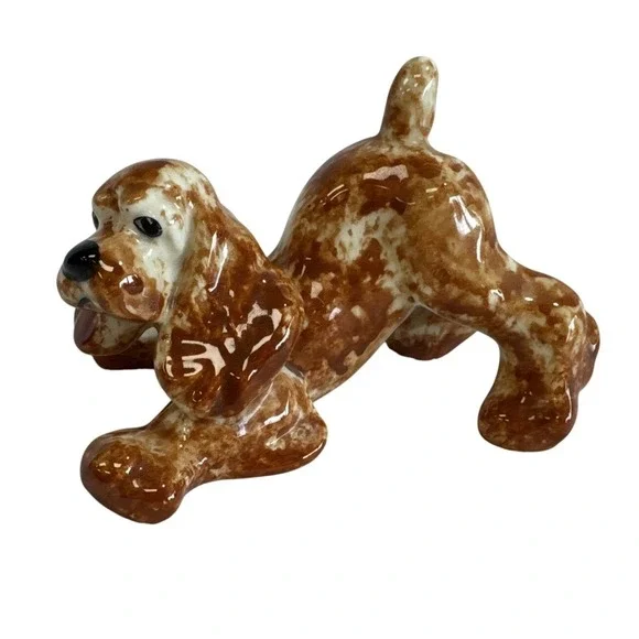Vintage Ceramic Cocker Spaniel Dog Figurine Playful Pose Brown‎ White