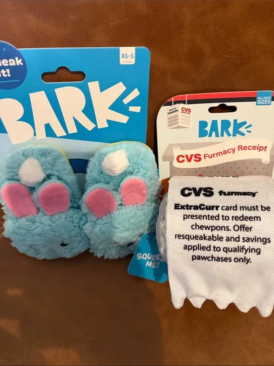 Bark CVS receipt and Plush Blue Bunny slippers Dog Toys