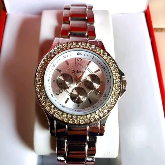 Style & Co Womens Silver Tone Crystal Bezel Watch SC1169 F210 Chrono Look New