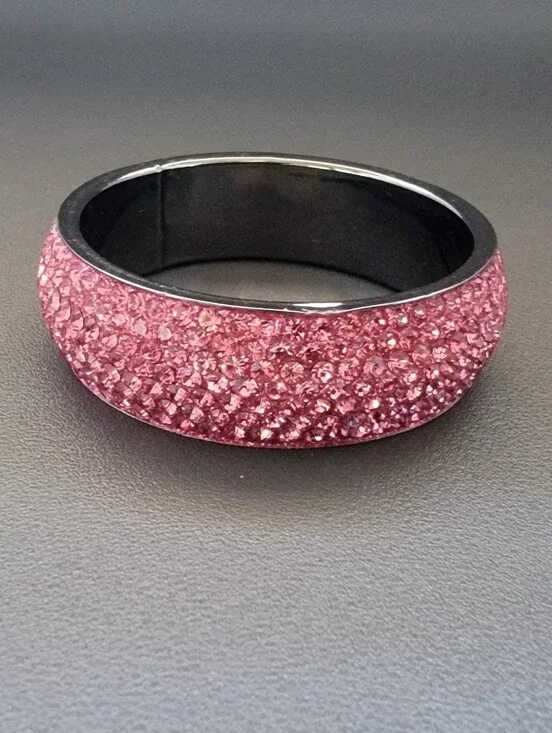 Y2K Pink Crystal Pavé Resin Bangle Bracelet Gunmetal Interior Small Wrist