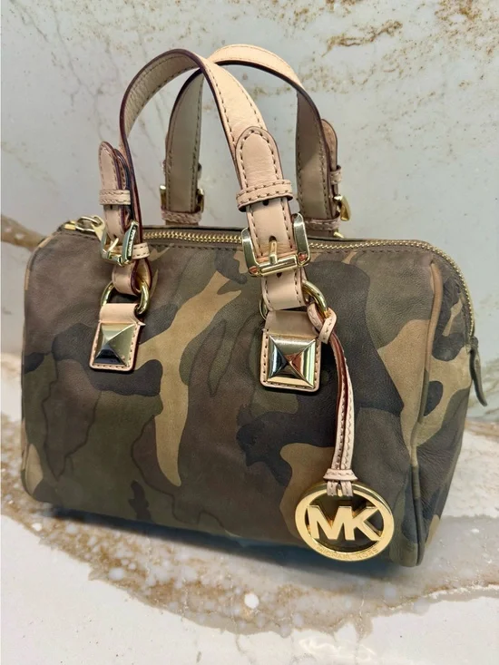 Michael Kors Green Camo Grayson Small Leather Satchel Gold Hardware RARE