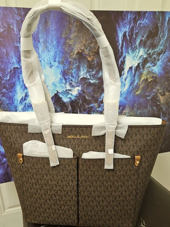 Michael Kors Brown Signature Monogram Tote with Gold Hardware