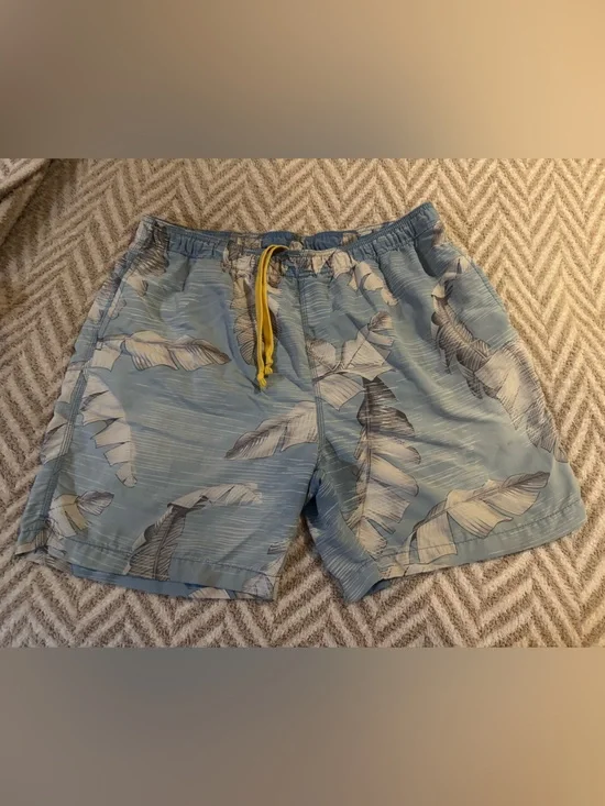 Tommy Bahama Light Blue Tropical Leaf Swim Trunks with Yellow Drawstring