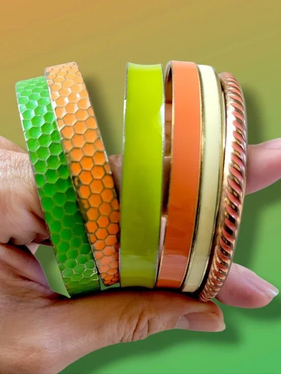 Mixed Gold Tone Orange/Green Stackable Enamel Bangle Bracelet Bundle [6pc]