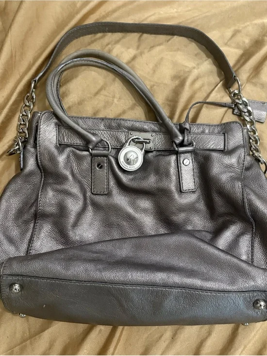 Michael Kors Metallic Charcoal Hamilton Leather Shoulder Bag with Chain Accents