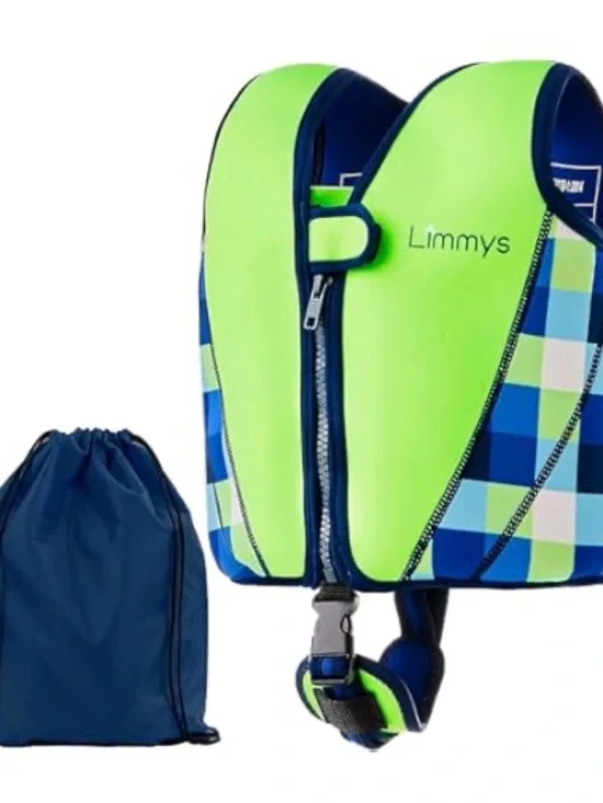 Kids Swim Vest in Neon Green & Blue Plaid Limmy’s