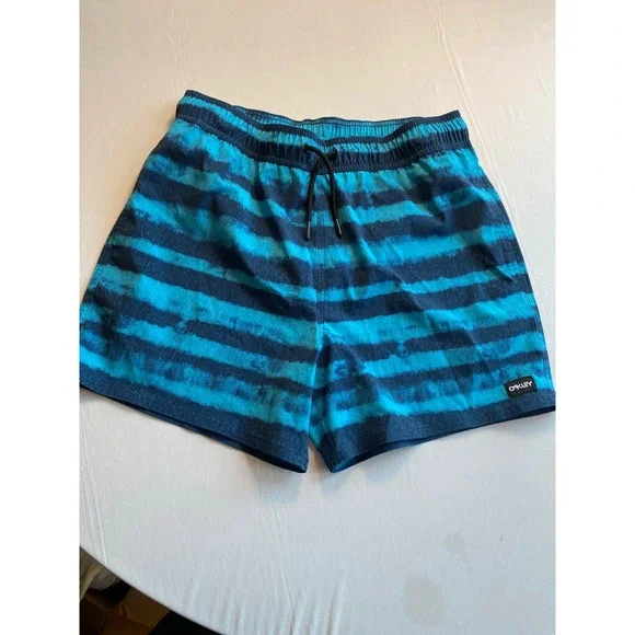 Oakley Mens Blue Tie Dye Striped Swim Trunks Board Shorts Regular Fit Medium