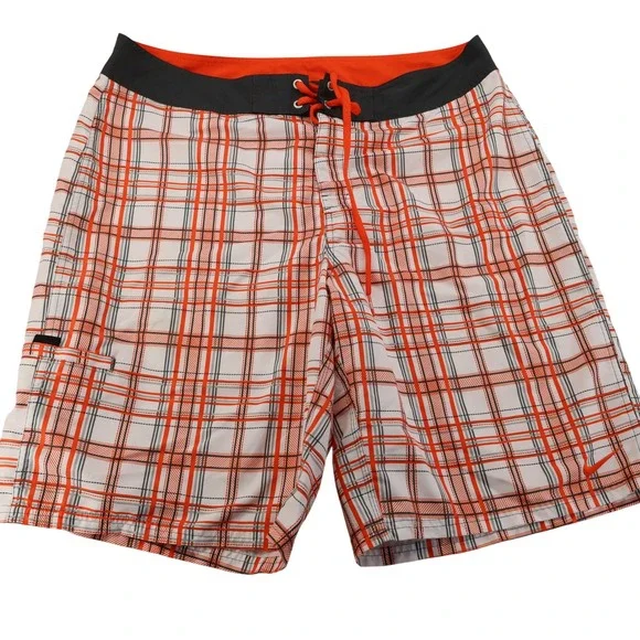 Nike Mens Orange Plaid Board Shorts Size 36 Swim Trunks Checkered Beachwear